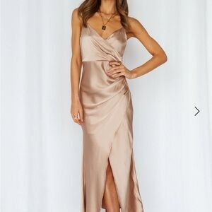 Champagne Ruched Maxi Dress with High Slit for Wedding Guest